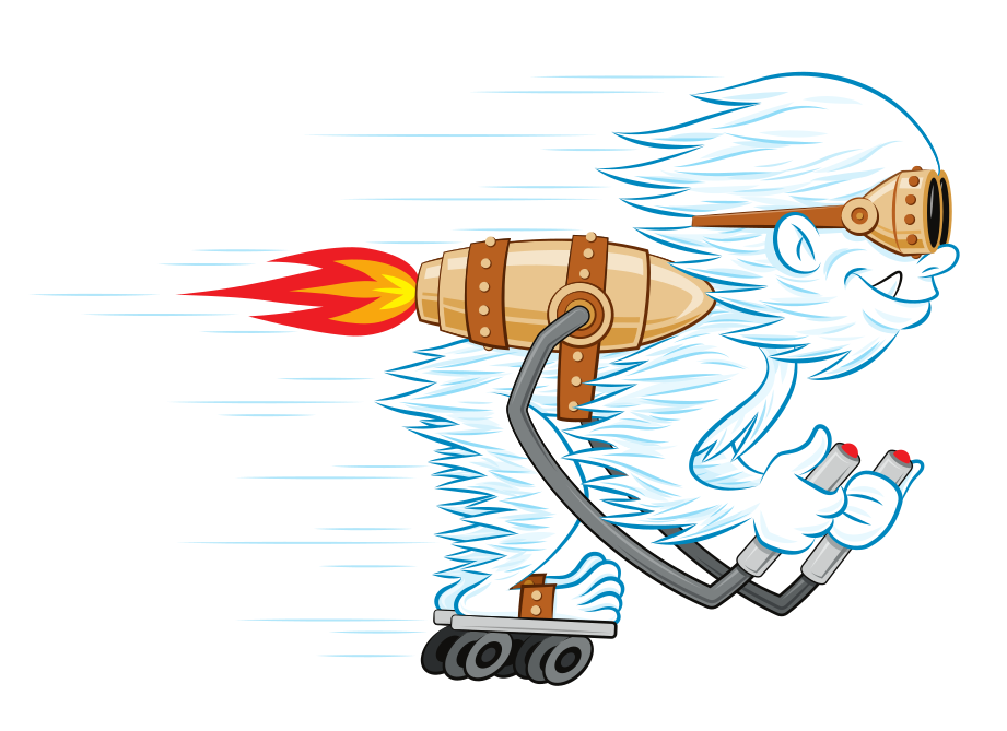 Migoi on roller skates with a jet pack strapped to his back going fast.