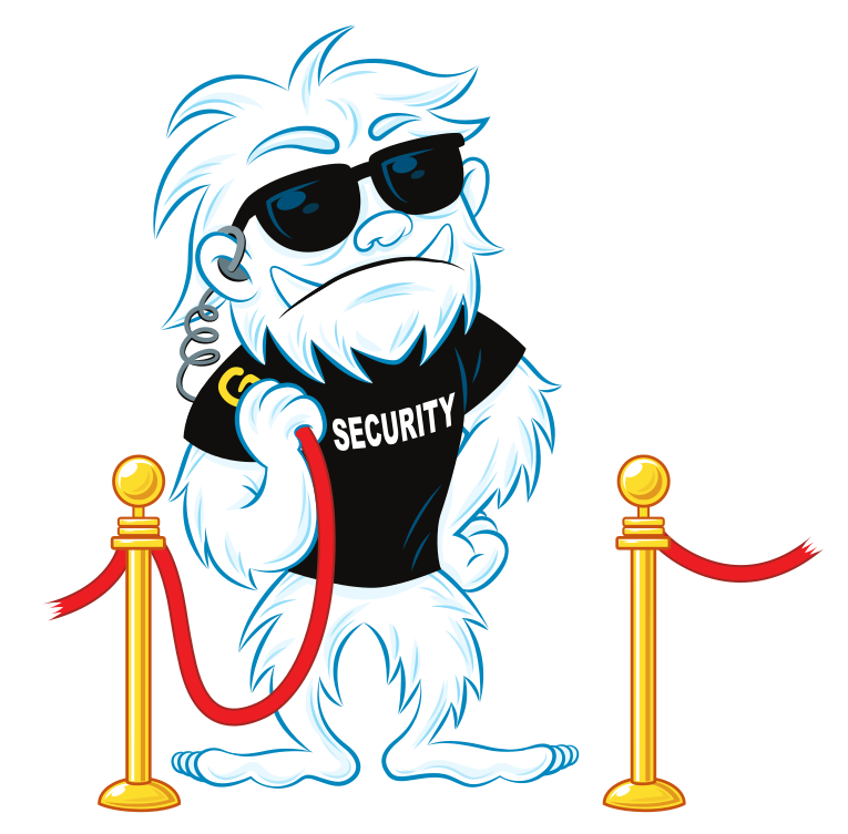 Migoi dressed in a security t-shirt, with an ear piece and balck glasses. He is holding a red rope allow someone to enter a VIP area.